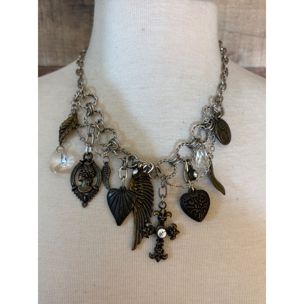 Vintage Inspired Mixed Metal Multi Charm Necklace Cameo Cross Angel Wing Heart